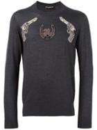 Dolce & Gabbana Gun Patch Jumper, Men's, Size: 50, Grey, Polyester/cashmere/copper/glass