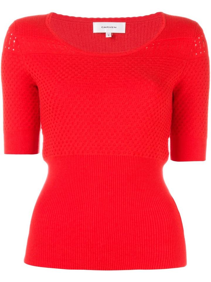Carven Open Knit Shortsleeved Top, Women's, Size: Large, Red, Elastodiene/nylon/wool