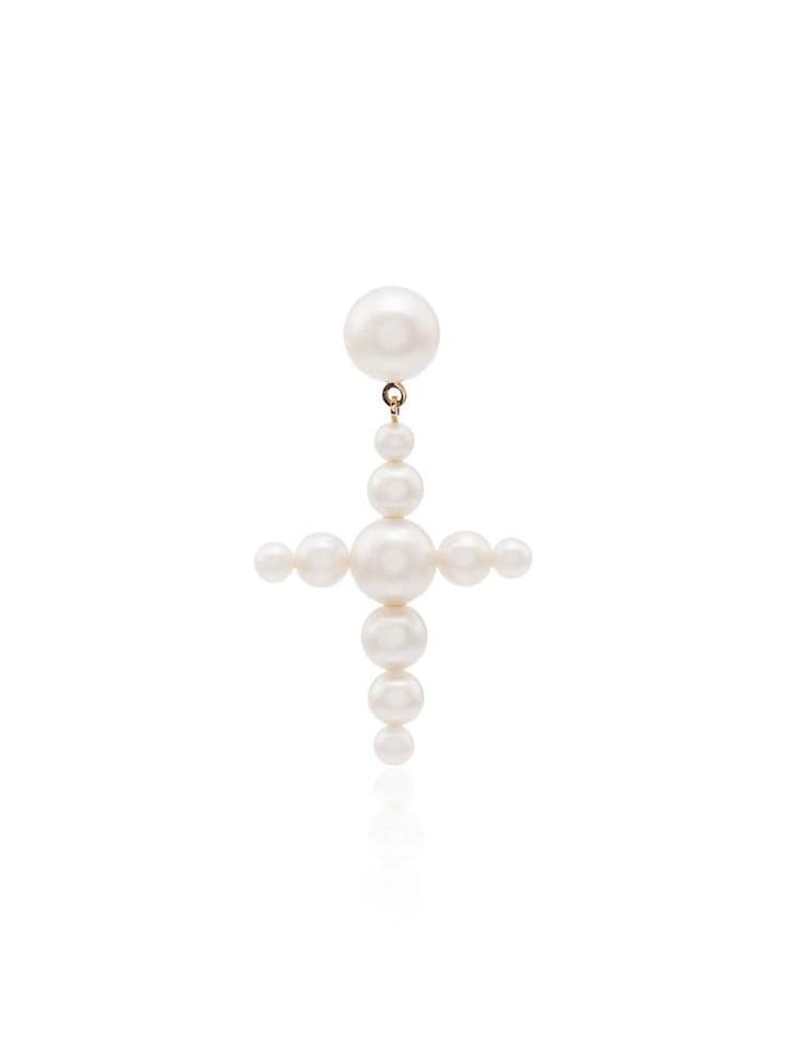 Sophie Bille Brahe 14kt Gold Fellini Pearl Cross Earrings - White