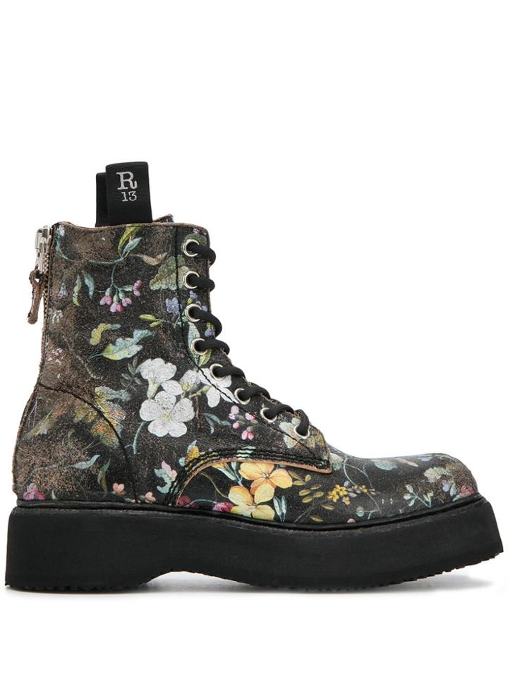 R13 Floral Print Lace-up Boots - Black