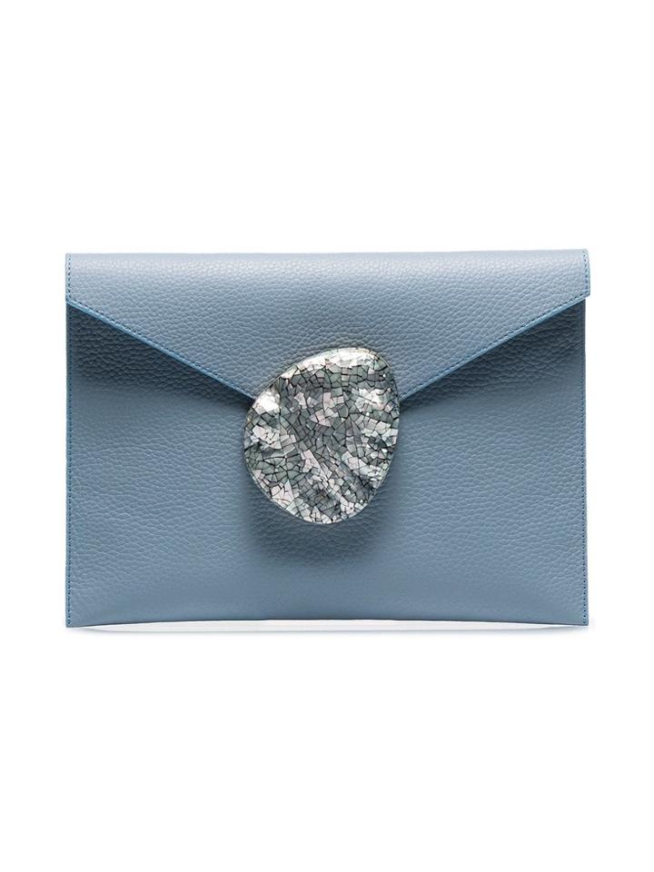 Nathalie Trad Rene Shell Clasp Foldover Leather Clutch - Blue