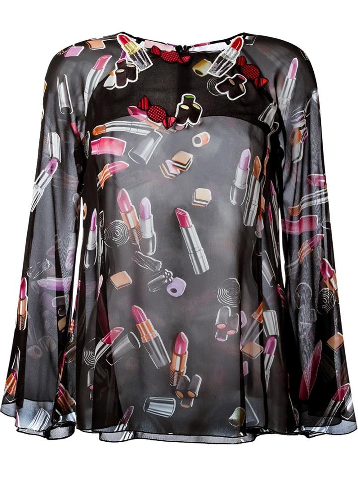 Giamba Lipstick Print Sheer Blouse, Women's, Size: 40, Black, Silk/polyester