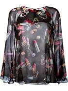 Giamba Lipstick Print Sheer Blouse, Women's, Size: 40, Black, Silk/polyester