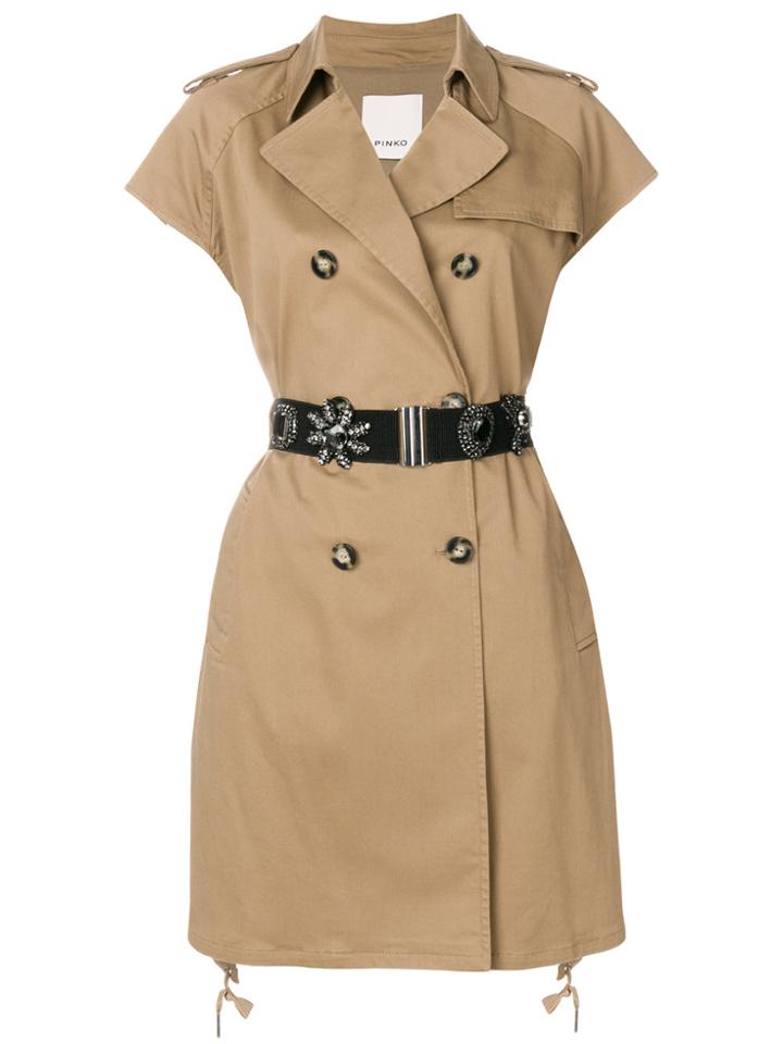 Pinko Short Sleeve Trench Coat With Gemstone Embellished Belt - Nude &