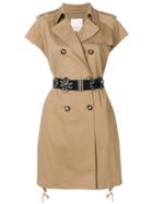 Pinko Short Sleeve Trench Coat With Gemstone Embellished Belt - Nude &