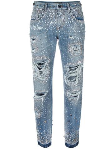 Dolce & Gabbana Rhinestone Ripped Boyfriend Jeans, Women's, Size: 40, Cotton/crystal/brass/plastic