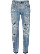 Dolce & Gabbana Rhinestone Ripped Boyfriend Jeans, Women's, Size: 40, Cotton/crystal/brass/plastic