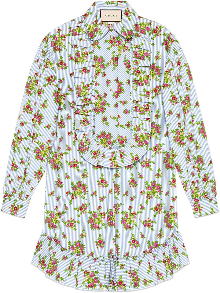 Gucci Floral Bouquet Striped Cotton Shirt - Blue