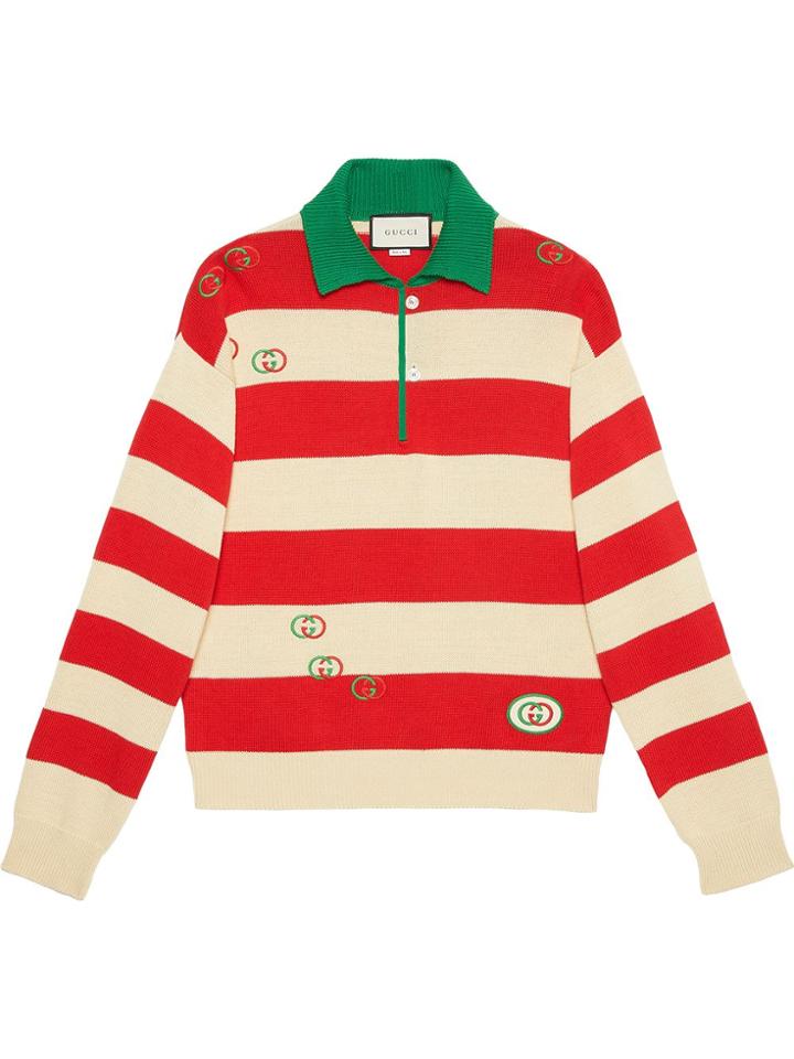 Gucci Embroidered Striped Knit Polo