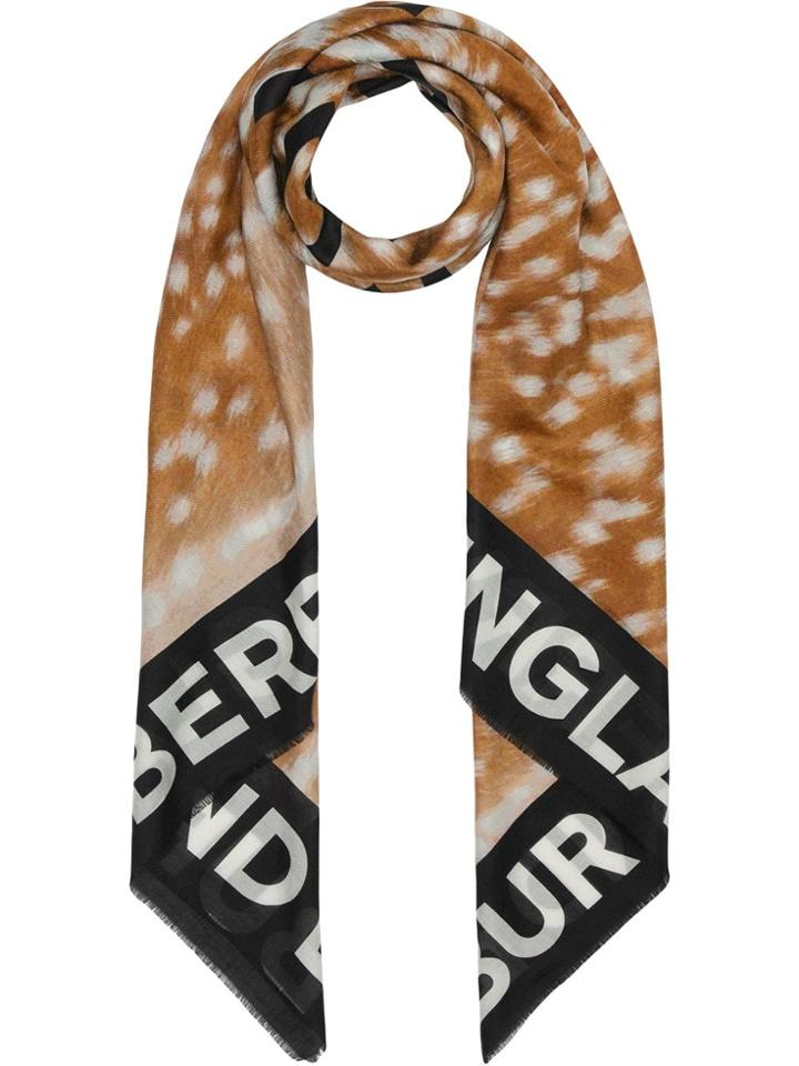 Burberry Slogan Animal Print Cotton Silk Large Square Scarf - Brown