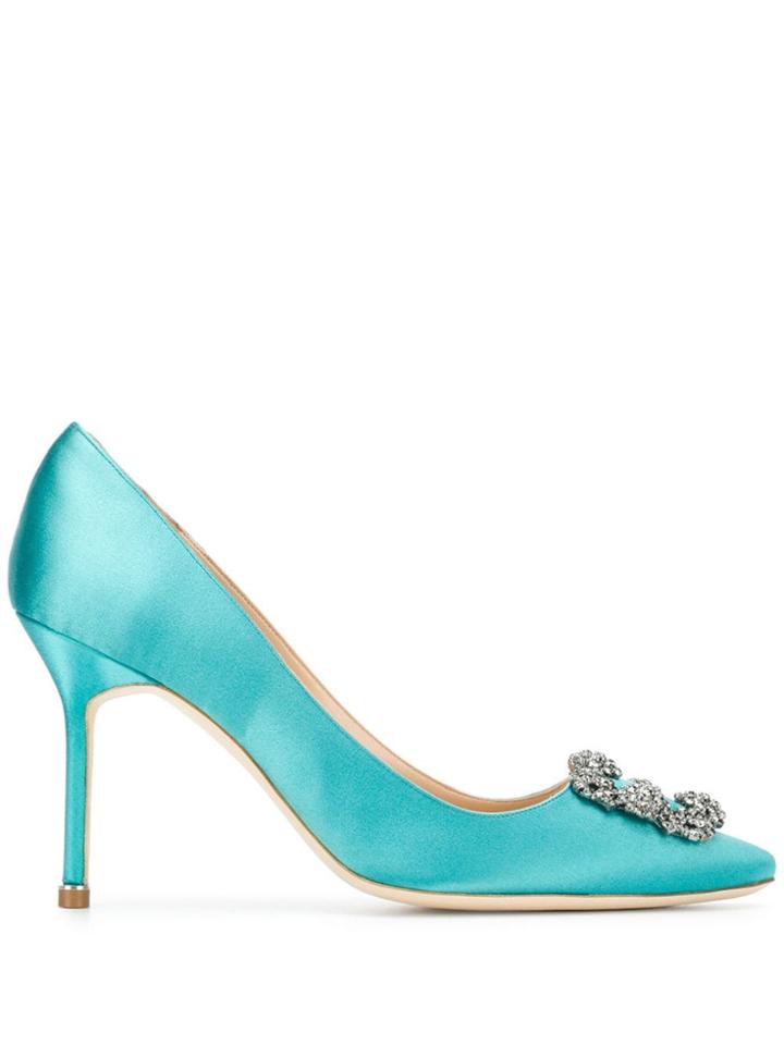 Manolo Blahnik Hangisi 90 Crystal Buckle Pumps - Blue
