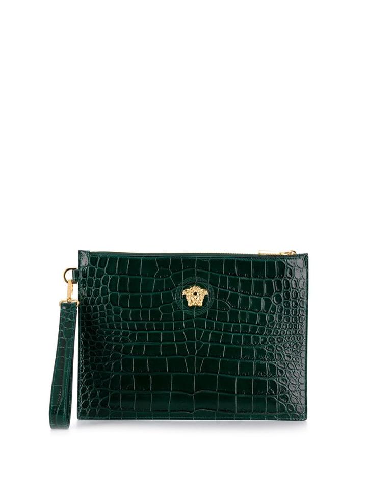 Versace Crocodile-embossed Clutch Bag - Green