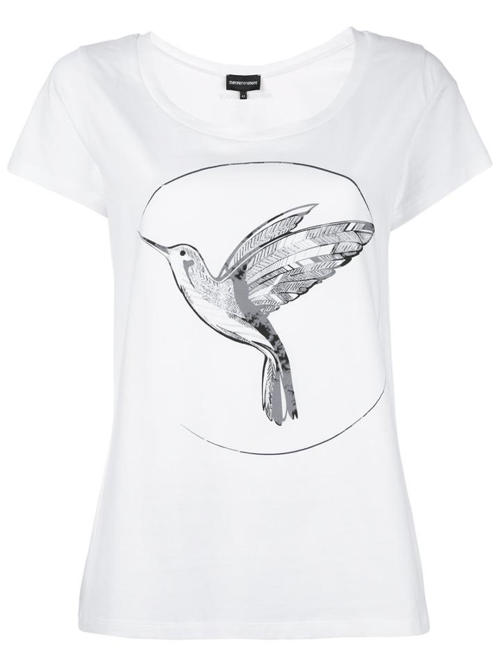 Emporio Armani Bird Print T-shirt, Women's, Size: 42, White, Cotton/spandex/elastane