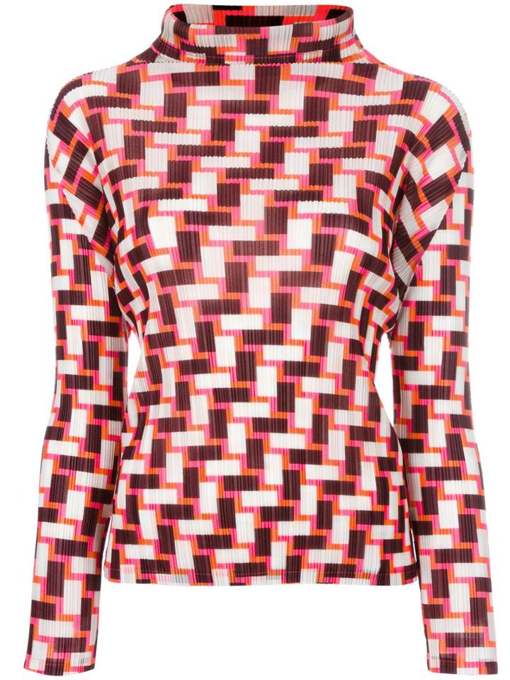 Pleats Please By Issey Miyake Geometric Print Pleated Blouse, Women's, Size: 3, Pink/purple, Polyester