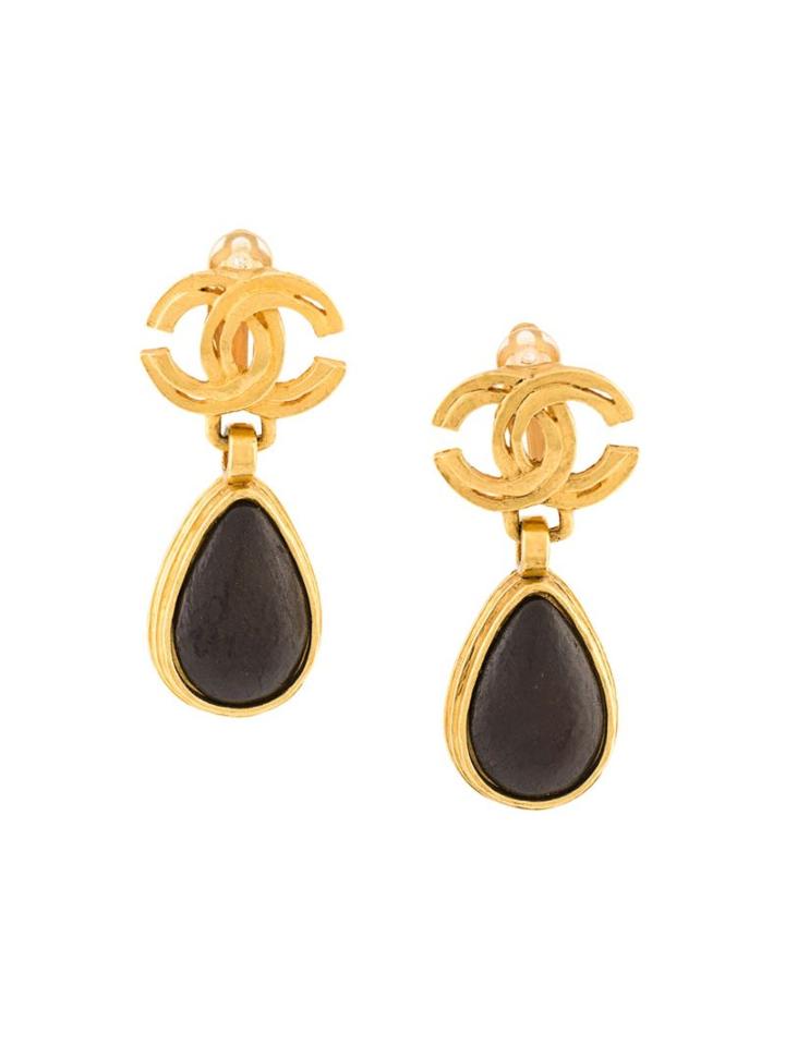 Chanel Vintage Teardrop Cc Logo Earrings, Women's, Black