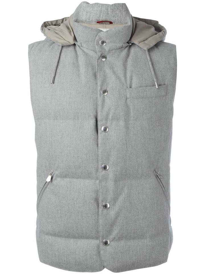 Brunello Cucinelli Hooded Padded Vest, Men's, Size: Large, Grey, Wool/silk/cashmere/cotton