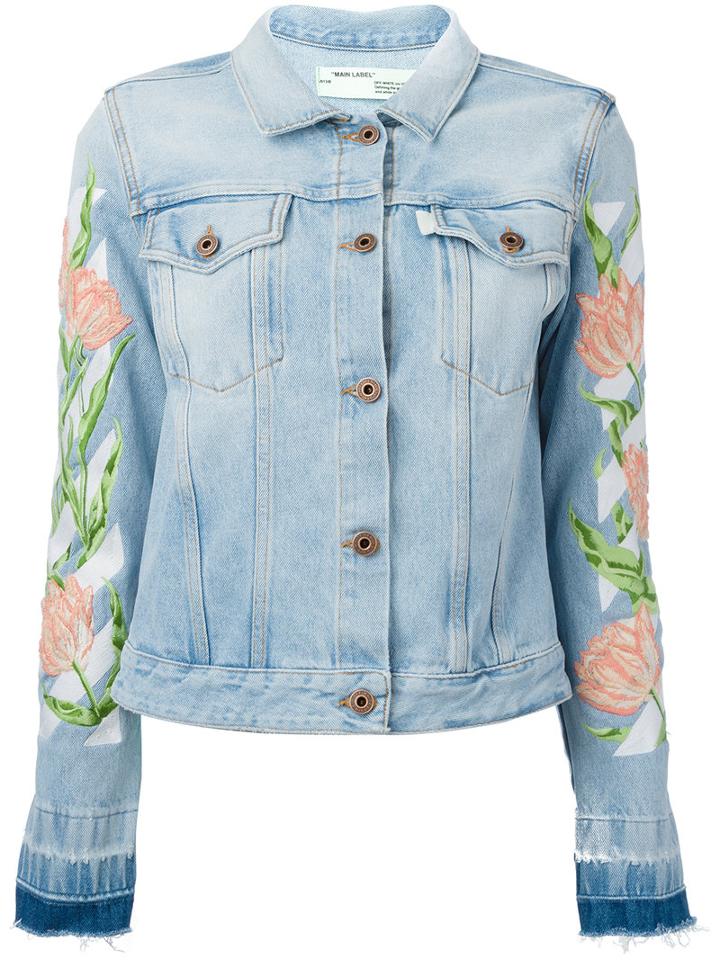 Off-white Embroidered Tulip Denim Jacket, Women's, Size: Small, Blue, Cotton/polyester