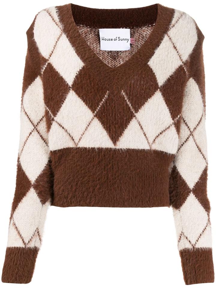 House Of Sunny V-neck Argyle Knit Jumper - Brown