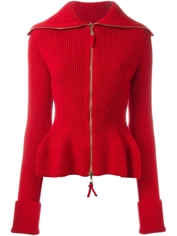 Alexander Mcqueen Peplum Zip-up Cardigan, Women's, Size: Small, Red, Wool