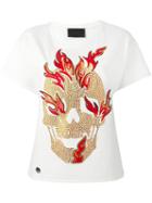 Philipp Plein Fire Skull T-shirt, Women's, Size: Small, White, Polyester/polyurethane/viscose/glass