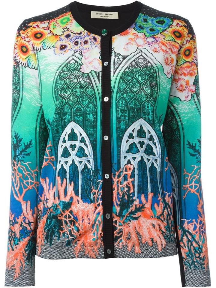Piccione. Piccione Gothic Archway Reef Print Contrast Trim Button Down Cardigan