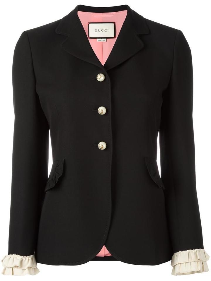 Gucci Ruffle Detail Jacket, Size: 44, Black, Silk/wool/acetate