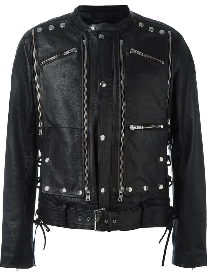 Faith Connexion Studded Multiple Zipper Pocket Jacket, Men's, Size: L, Black, Leather/polyester/cotton