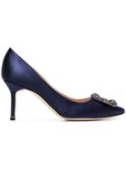 Manolo Blahnik Navy Hangisi 70 Crystal Buckle Silk Satin Pumps - Blue