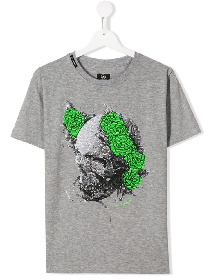My Brand Kids Rhinestone Laurel Skull T-shirt - Grey