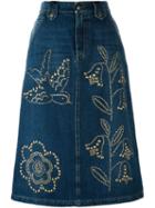 Red Valentino Embellished Denim Midi Skirt, Women's, Size: 44, Blue, Cotton