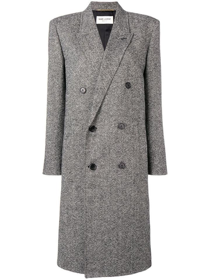Saint Laurent Double Breasted Caviar Tweed Coat - Black