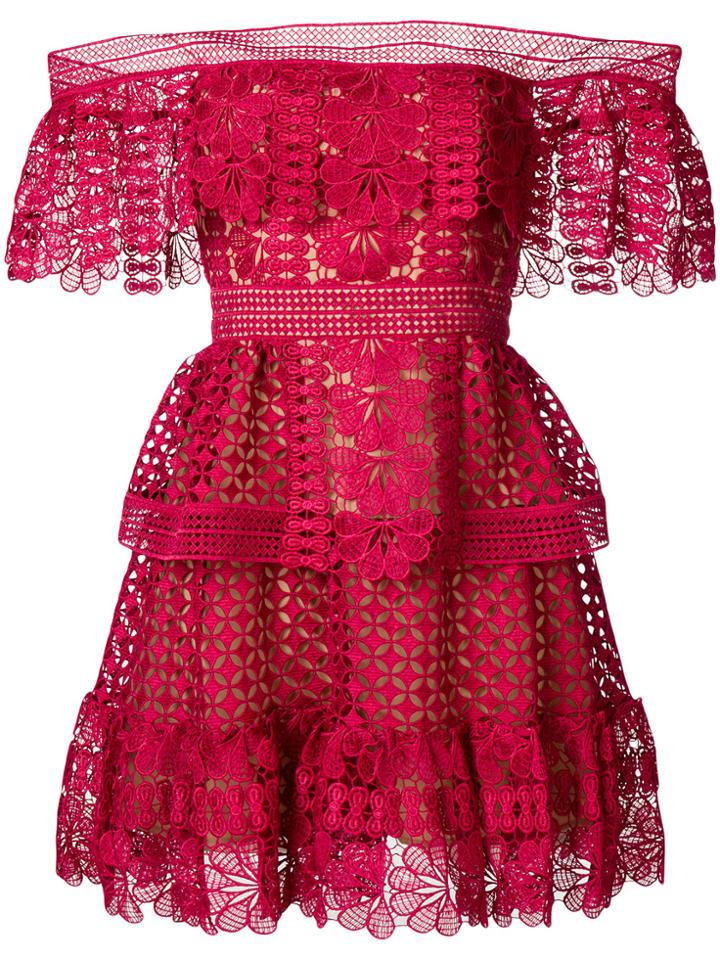 Self-portrait Bardot Crocheted Dress - Red