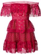 Self-portrait Bardot Crocheted Dress - Red