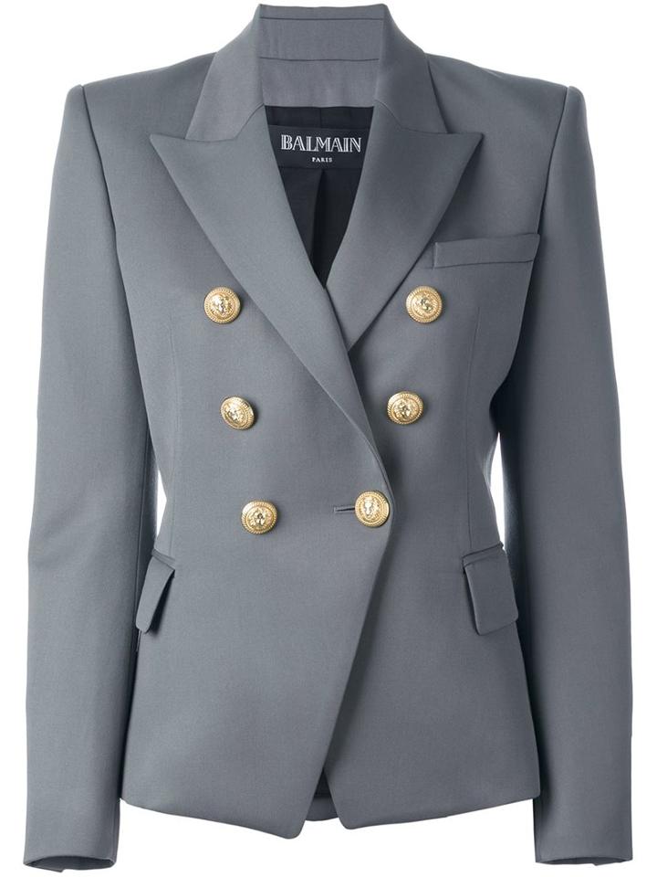 Balmain Double Breasted Blazer, Women's, Size: 38, Grey, Cotton/viscose/wool