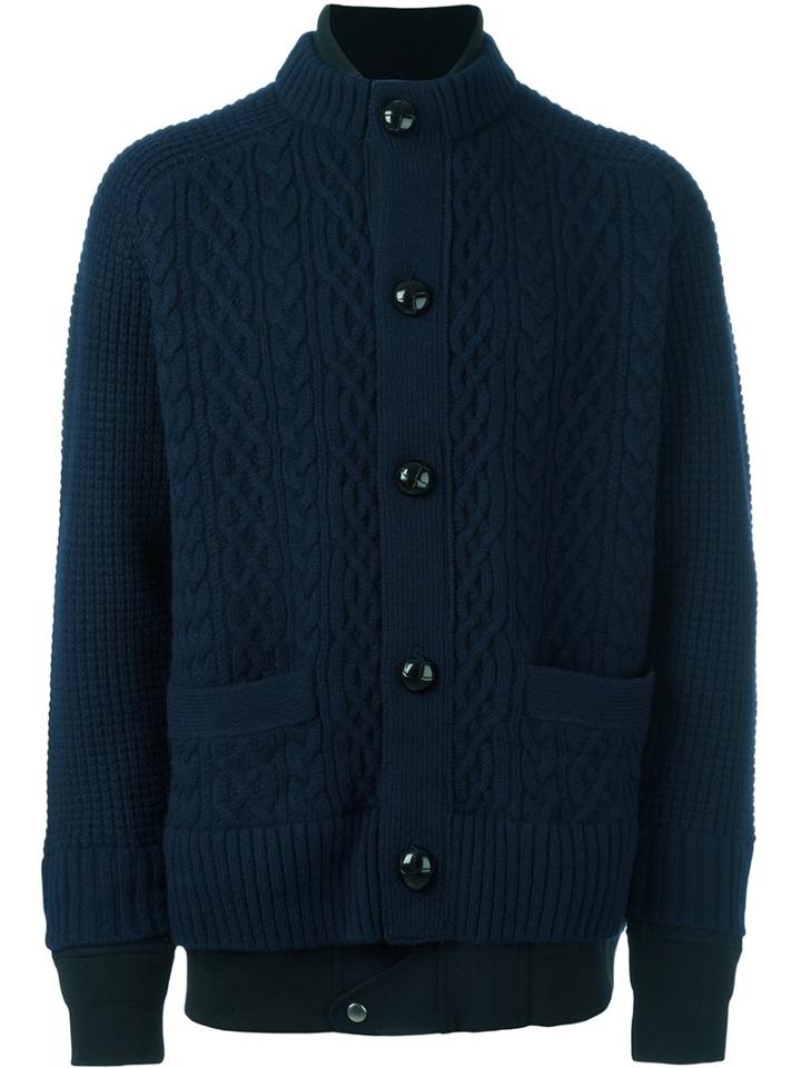 Sacai Layered Cable Knit Cardigan, Men's, Size: I, Blue, Cotton/polyester/wool