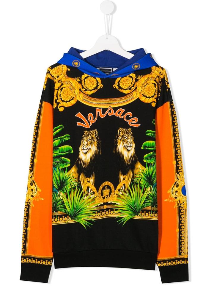 Young Versace Teen Lion Logo Print Hoodie - Black