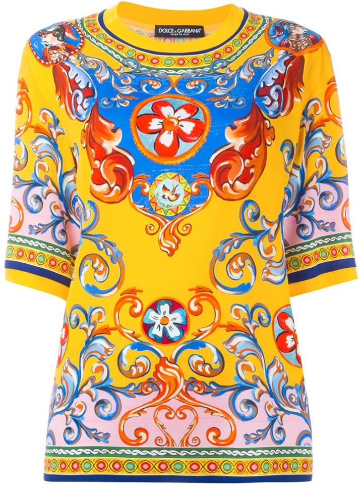 Dolce & Gabbana Carretto Siciliano Print Top, Women's, Size: 38, Yellow/orange, Silk/cotton/spandex/elastane