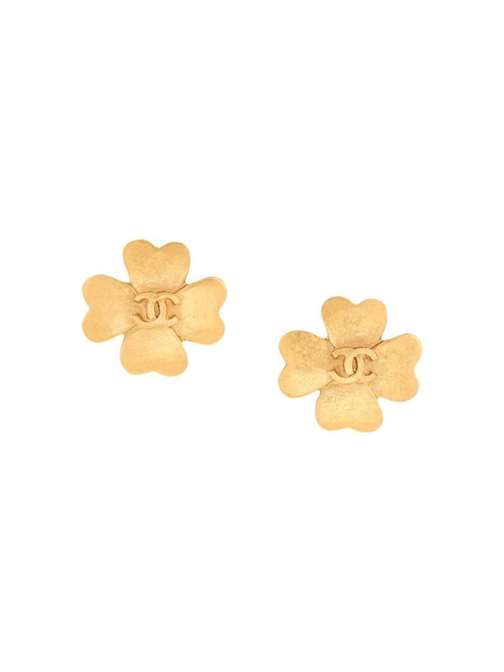 Chanel Vintage Cc Logos Clover Motif Earrings - Metallic