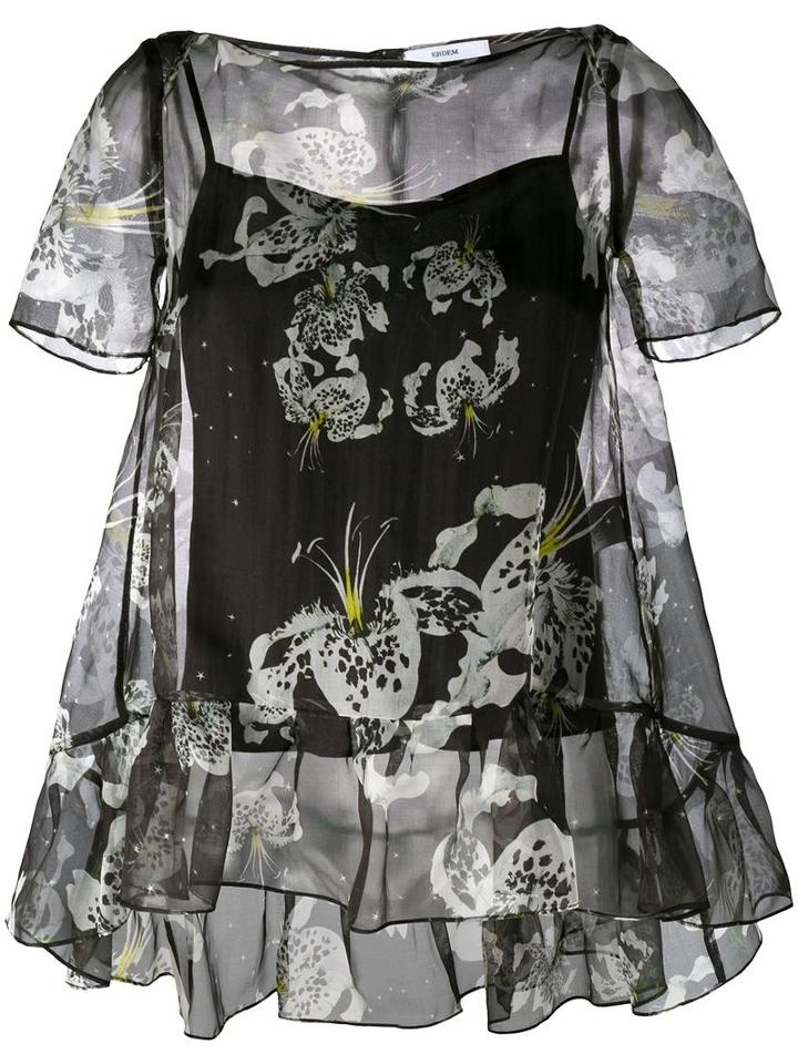 Erdem Sheer Ruffle Blouse, Women's, Size: 12, Black, Silk