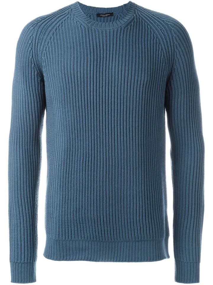 Roberto Collina Ribbed Sweater, Men's, Size: 52, Blue, Merino