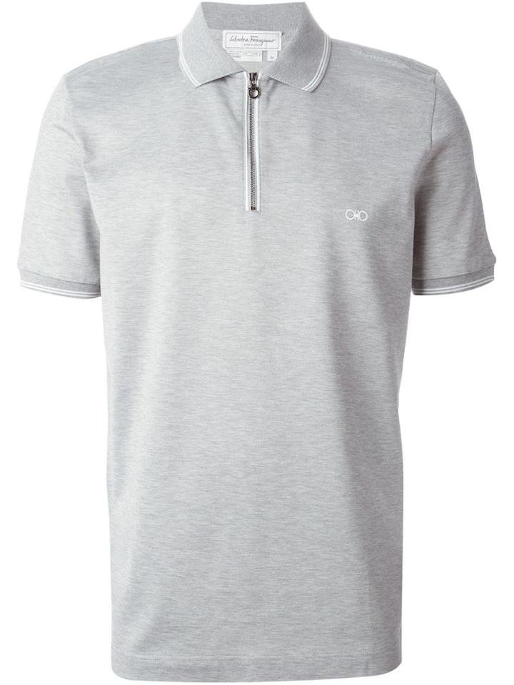 Salvatore Ferragamo Zip Front Polo Shirt, Men's, Size: Xl, Grey, Cotton