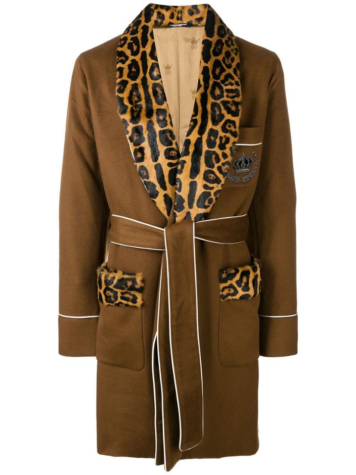 Dolce & Gabbana Leopard Print Panel Robe Coat - Brown