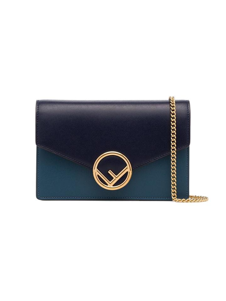 Fendi Blue And Grey Logo Leather Wallet On Chain