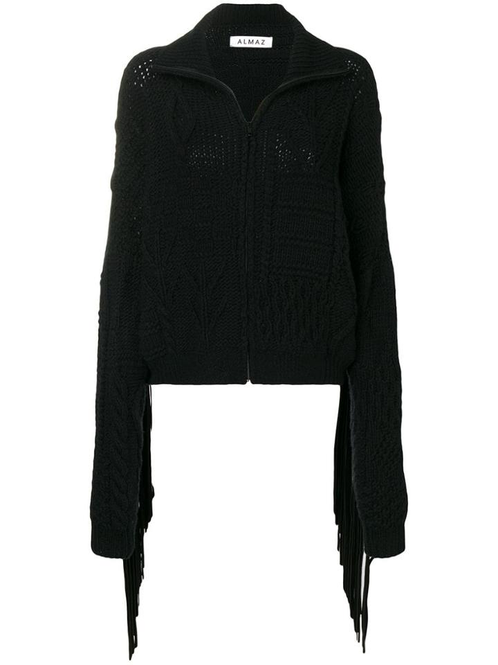 Almaz Fringed Sleeve Zipped Cardigan - Black