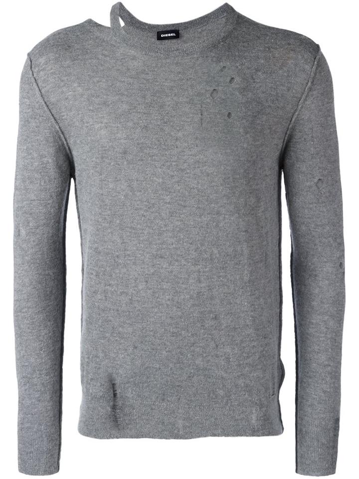 Diesel Destroyed Effect Pullover, Men's, Size: Large, Grey, Nylon/wool/alpaca