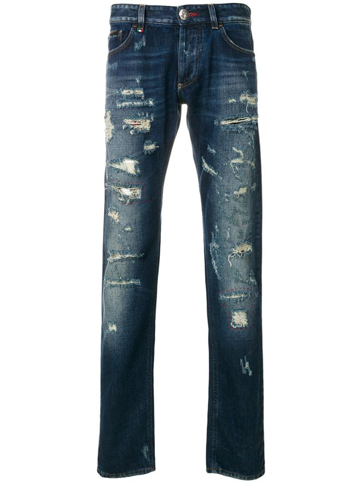 Philipp Plein Distressed Straight Leg Jeans - Blue