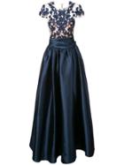 Marchesa Notte Floral-embroidered Pleated Gown - Blue