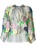 Blumarine Floral Applique Tie Neck Striped Semi Sheer Blouse