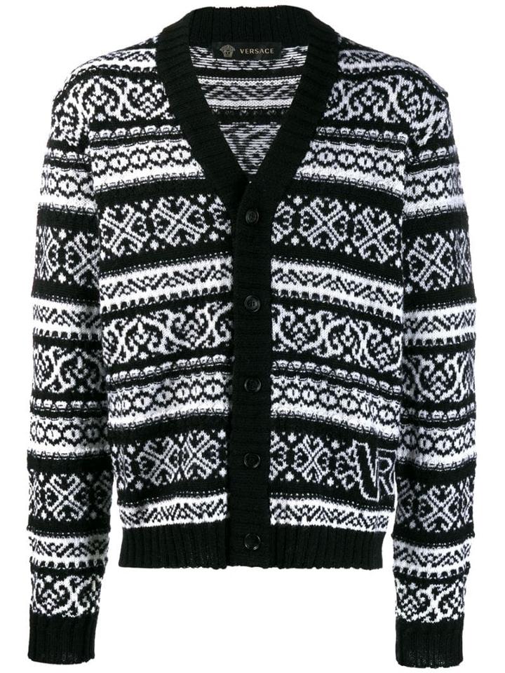 Versace Intarsia Knit Cardigan - Black