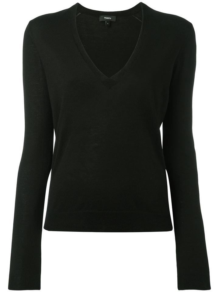 Theory V-neck Long Sleeve Knit Top, Women's, Size: Small, Black, Silk/nylon/cashmere